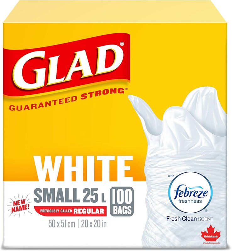 Glad White Garbage Bags - Small 25 Litres - Febreze Fresh Clean Scent, 100 Trash Bags, Made in Canada of Global Components S (Pack of 1). 100 Bags Garbage Bags Bags