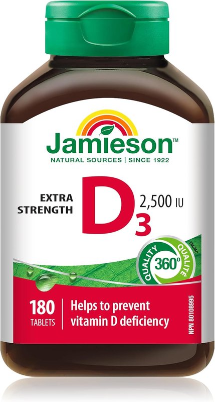 Jamieson Vitamin D3 2,500 IU Tablets, Helps Prevent Vitamin D Deficiency, and Osteoporosis, Supports Immune Health, Strong Bones, and Teeth. Vegetarian, Non-GMO, Gluten-Free, 180 Count, Proudly Canadian