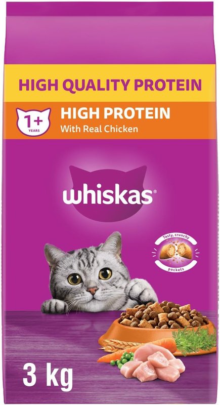 WHISKAS Adult Dry Cat Food – High Protein With Real Chicken, 3kg Bag