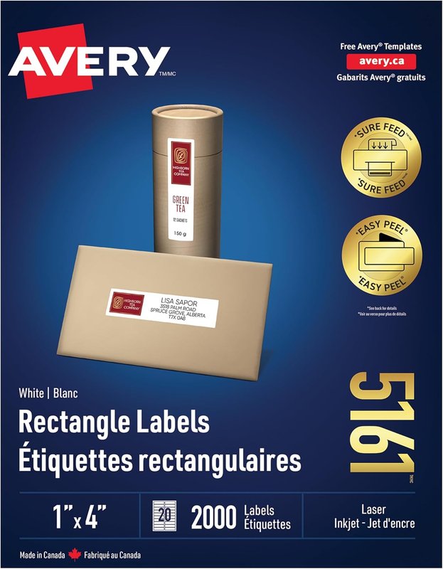 Avery White Rectangle Labels, 1" X 4" Rectangle Label with Easy Peel for Laser/Inkjet Printers, Shipping/Addressing, Permanent Labels, Printable Blank 2000 Labels, (5161) Made in Canada 1" x 4" Label