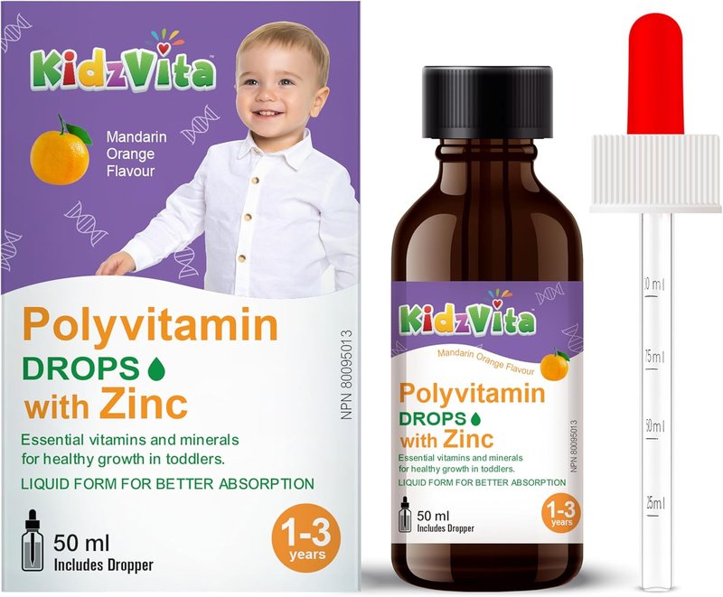 KidzVita - Polyvitamin Drops with Zinc 50ML - Multivitamins for 1-3 Years Toddlers, 9 Essential Vitamins (Vitamin A, Vitamin B Complex, C & D3) with Mineral of Zinc - Great Taste in Easy-To-Take Liquid Form, 50-Day Supply - Proudly Made in Canada