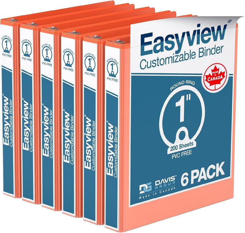 EasyView Premium 1-Inch Binders with Clear-View Covers, 3-Ring Binders for School, Office, or Home, Colored Binder Notebooks, Pack of 6, Round Ring, Orange