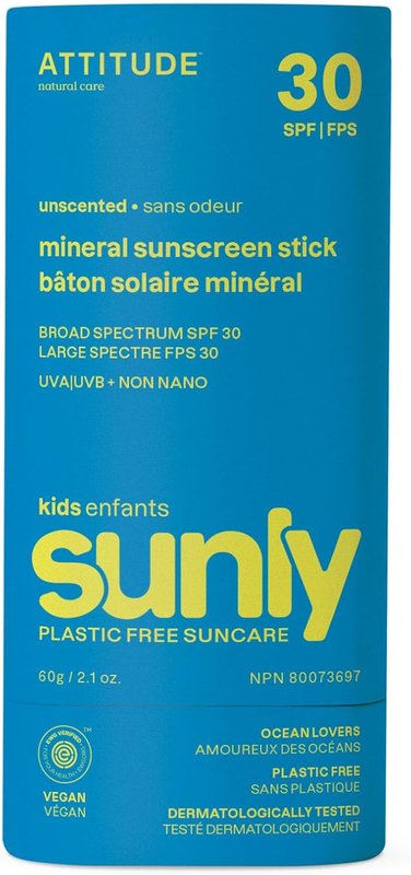 ATTITUDE Mineral Sunscreen Stick for Kids, SPF 30, Made in Canada, EWG Verified,Plastic-Free, Broad Spectrum UVA/UVB Protection with Zinc Oxide, Dermatologically Tested, Vegan, Unscented, 60 grams 60 g (Pack of 1)