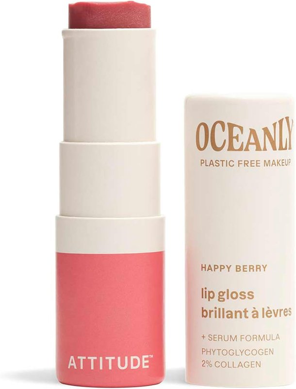 ATTITUDE Oceanly Sheer Lip Gloss Stick, Made in Canada, EWG Verified, Titanium Dioxide-Free, Vegan Makeup & Beauty, Cruelty-Free, Plastic-Free, Happy Berry, 3.4 grams 3.4 g (Pack of 1) Happy Berry