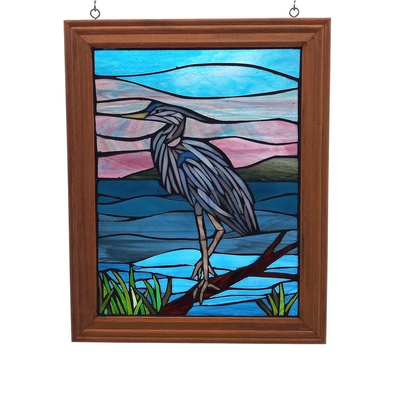 Great Blue Heron Stained Glass Mosaic Panel