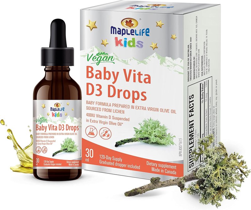 MapleLife Nutrition Kids – Baby Vitamin D3 Drops – Extra Virgin Olive Oil – Sourced from Lichen – Support Immunity – Promote Absorption – Help Brain Development – Maintain Heart Health – Maintain Healthy Bones – Vegan Drops – Non-GMO – Age 0-3 Years – Precise Dropper Included – 30 ML 120 Servings