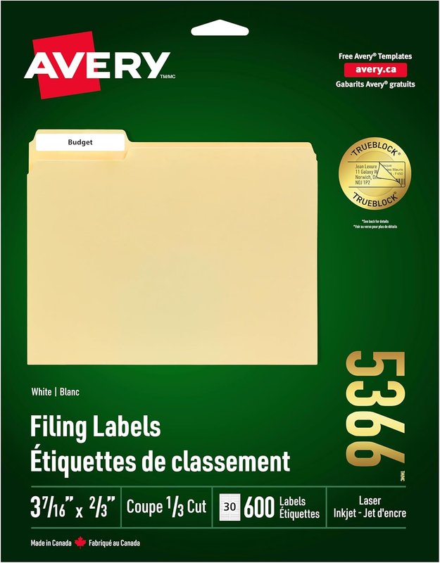 Avery Filing Labels with TrueBlock Technology for Laser and Inkjet Printers, 2/3" x 3-7/16", White, File Tabs Labels, Folder Labels, Rectangle, 600 Labels, Permanent (5366) Made in Canada 600 Labels Labels White