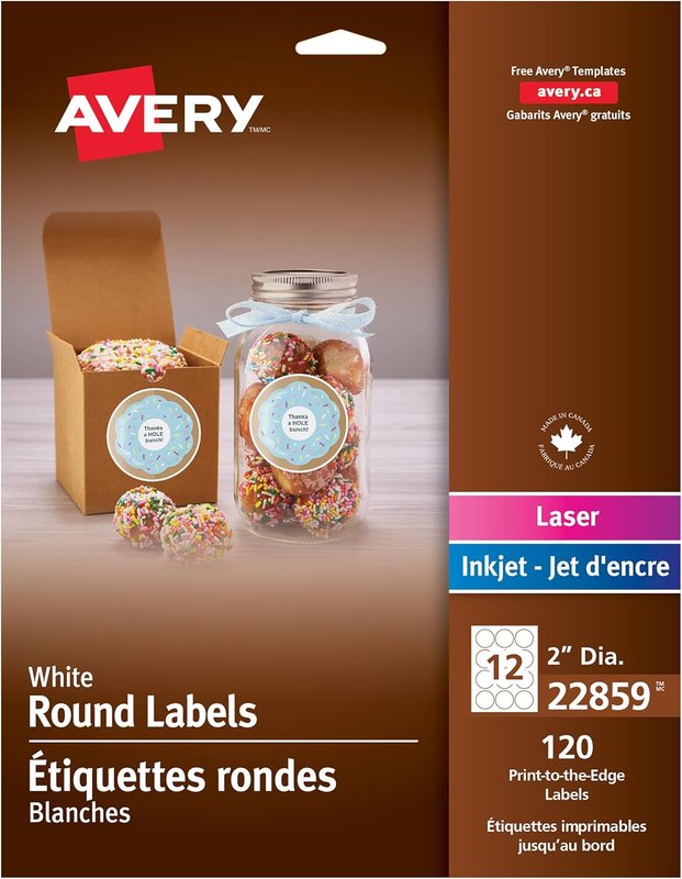 Avery Matte White Round Labels, 2" Label, for Laser/Inkjet Printers, Easy Peel, Print to Edge, 120 Permanent White Labels, Apply on Paper/Cardboard/Metal/Glass/Plastic, (22859) Made in Canada