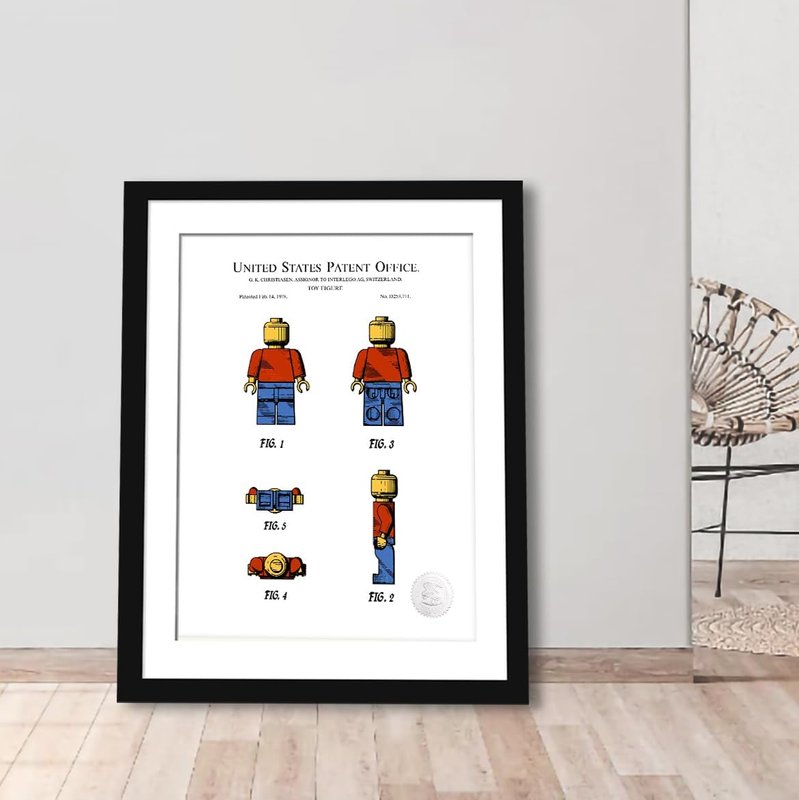 Classic Building Brick Print | 1978 Toy Figure Patent | Available as Prints or Framed | White Background | Digitally Colored | Vintage Toy Decor | (12x16" Frame with Mat)