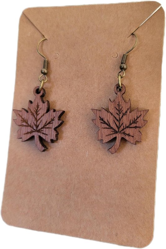Handcrafted Walnut Maple Leaf Earrings, Canadian-Made, Hypoallergenic Hooks