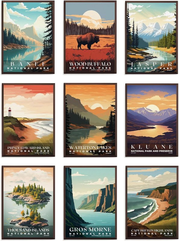 City on Wall 9 Piece Canadian National Parks Posters,8x10 Inch Cardstock Posters, Wall Art, Banff, Jasper, Wood Buffalo, Prince Edward Island, Waterton Lake, Kluane National Park and More (Unframed) (9 Piece Set)
