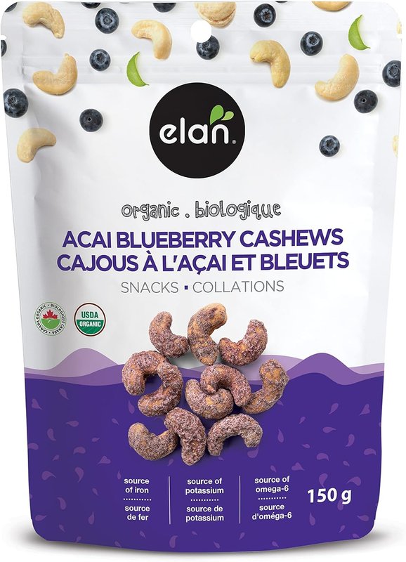 Elan Organic Acai Blueberry Cashews, 150g, Non-GMO, Vegan, Gluten-Free, Kosher, Glazed Nuts (Roasted Cashews, Acai Berry Powder, Blueberry Juice Powder), Superfood Infused Nuts 150 g (Pack of 1)