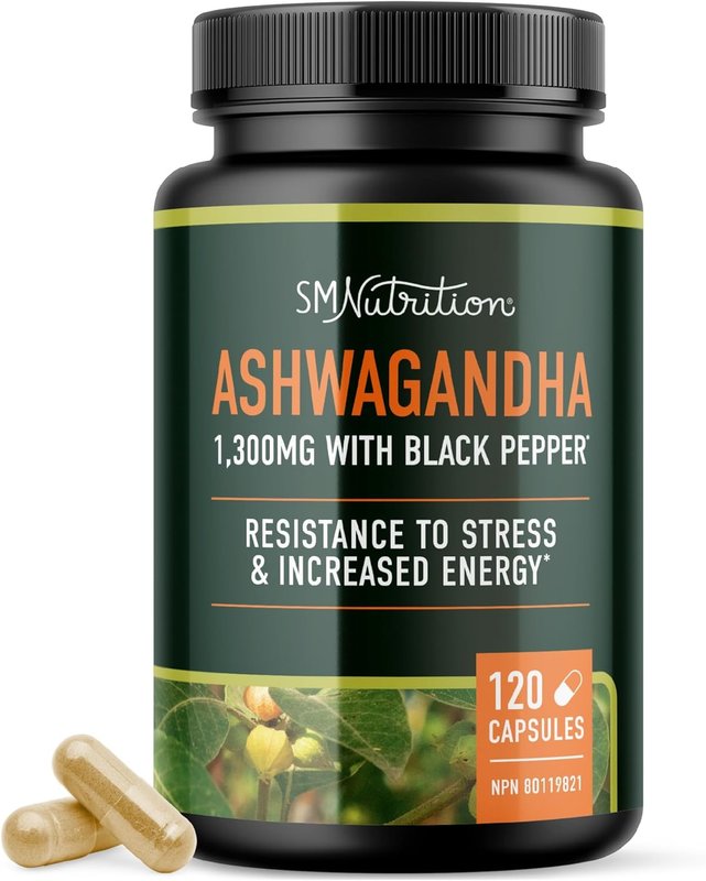 Ashwagandha Supplement 1300MG | High Strength Resistance to Stress & Increase Energy | Organic Ashwagandha Powder Capsules with Black Pepper for Absorption | Made in Canada | 120 Ct (2-Month Supply) Ashwagandha, 120 Count