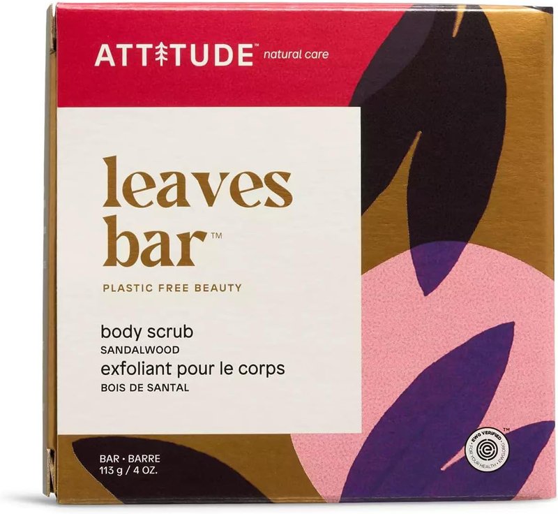 ATTITUDE Body Scrub Bar, Made in Canada, Natural Origin, Gentle Exfoliator for Body and Foot, Nourishes and Softens Skin, Bamboo Powder & Shea Butter, EWG Verified & Vegan, Sandalwood, 113 g
