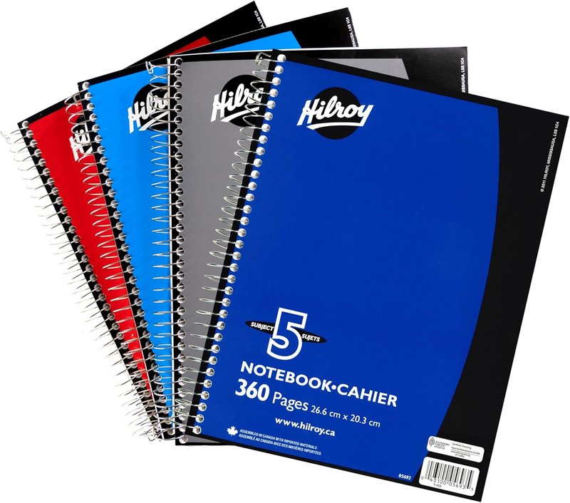 Hilroy 5-Subject Coil Notebook, 8" x 10.5", Wide Ruled, 360 Pages/180 Sheets, 1 Notebook, Colour May Vary (05693) Assorted Colours 1-Pack