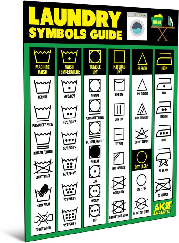 Laundry Symbols Guide Magnet - Extra Large Easy to Read 8.5” x 11” Clothing Care Instruction Cheat Sheet – Washing, Drying, Ironing & Bleaching Accessory - Functional Modern Laundry Room Art Decor