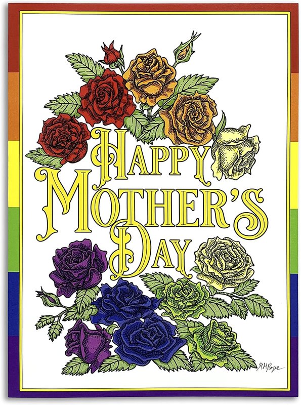 Sapphorica Creations Mother's Day Hand-Illustrated Art Card with Red Rose Sticker, blank greeting card with envelope (Rainbow Roses)