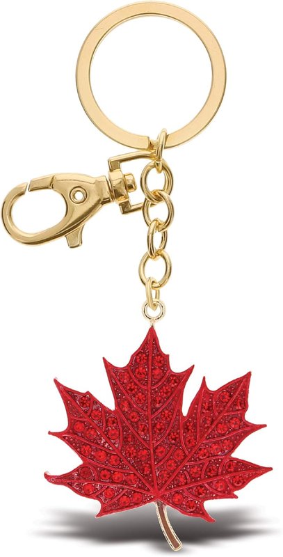 Aqua79 Red Maple Leaf Keychain - Gold 3D Sparkling Charm Rhinestones Fashionable Stylish Metal Alloy Durable Key Ring Bling Crystal Jewelry Accessory With Clasp For Keychain, Purse, Backpack, Handbag