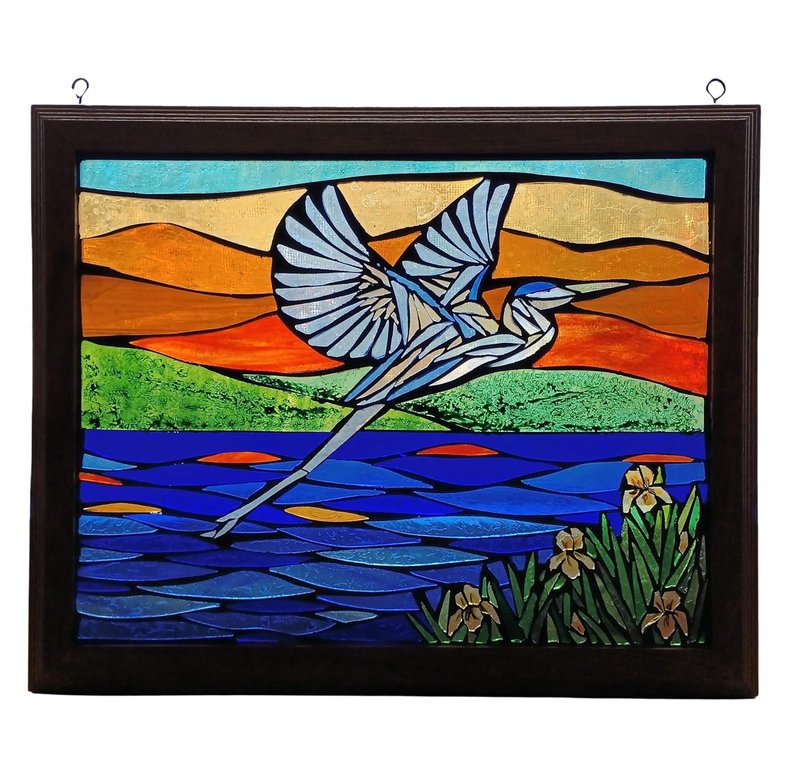 Stained Glass Mosaic Great Blue Heron Panel