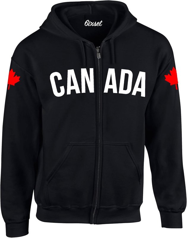 6ixset Canada Dual Flags Zip-Up Adult Hooded Sweater/Sweatshirt (Hoodie) Large White Logo, Black Hoodie