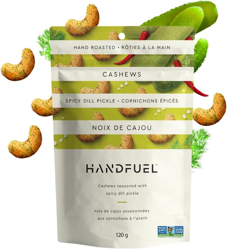 Handfuel Spicy Dill Pickle Cashews, Hand Roasted Salted Cashews, 7g of Protein, Proudly Canadian Made Plant Based Flavoured Nuts, Gluten Free - 120 Grams 150 g (Pack of 1)