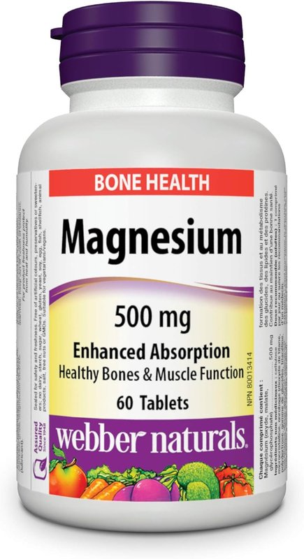Webber Naturals Magnesium 500 mg, 60 Tablets, Enhanced Absorption Mineral, Supports Bone and Muscle Functions, Vegan 60 count (Pack of 1)