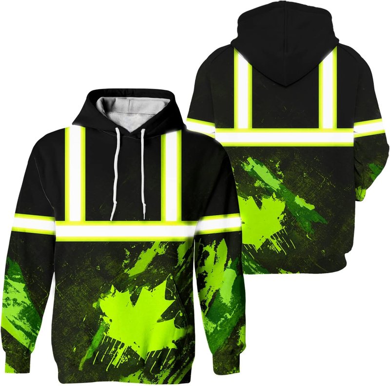 HiVis Custom Canada Flag High Visibility Hoodie for Men, Long Sleeves, Reflective Shirt Safety Workwear for Canadian Small Canada Hoodie 01