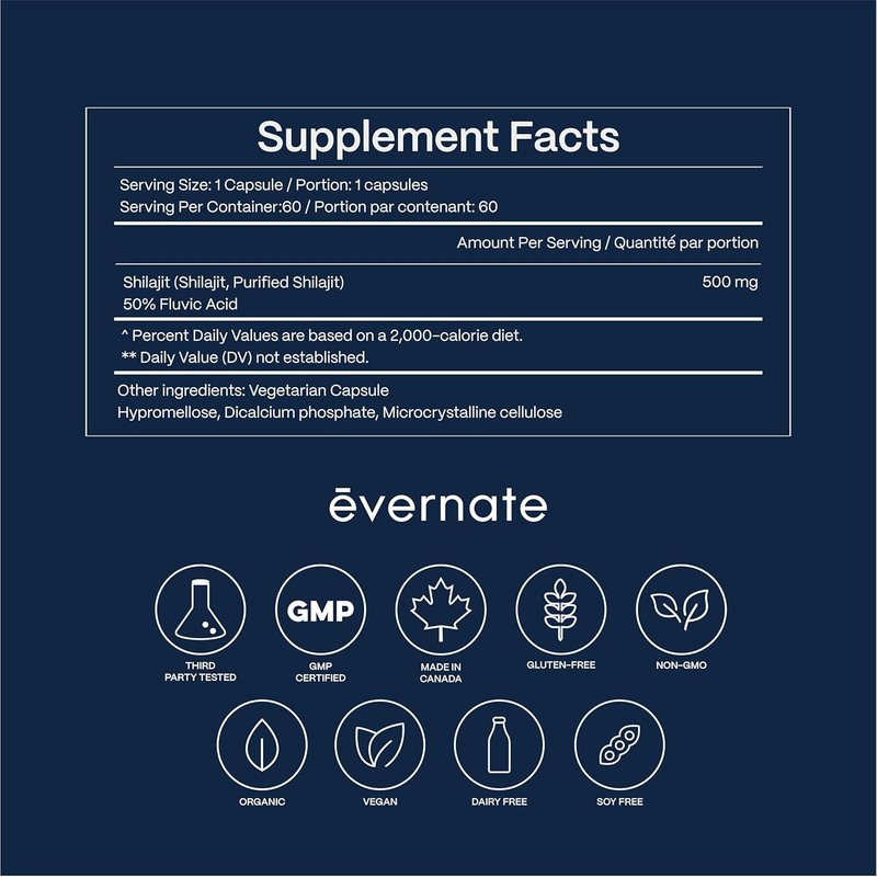 NEW Extra-Strength 500mg Per Capsule – Evernate Shilajit Capsules, Pure Himalayan Natural Shilajit for Men & Women, 1 Capsule/Day, Trace Minerals, Immune Support, Energy & Vitality 60 count (Pack of 1)