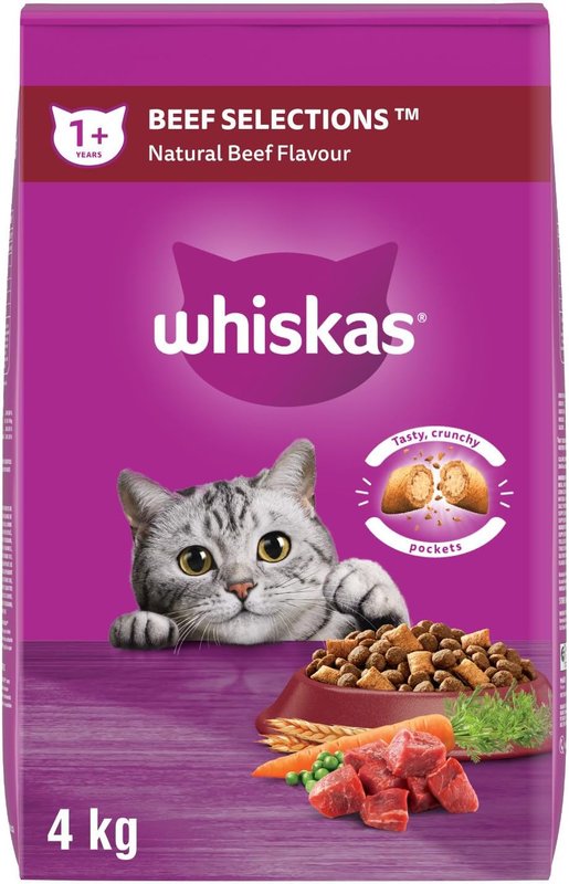 Whiskas Beef Selections Adult Dry Cat Food – Natural Beef Flavour, 4kg Bag