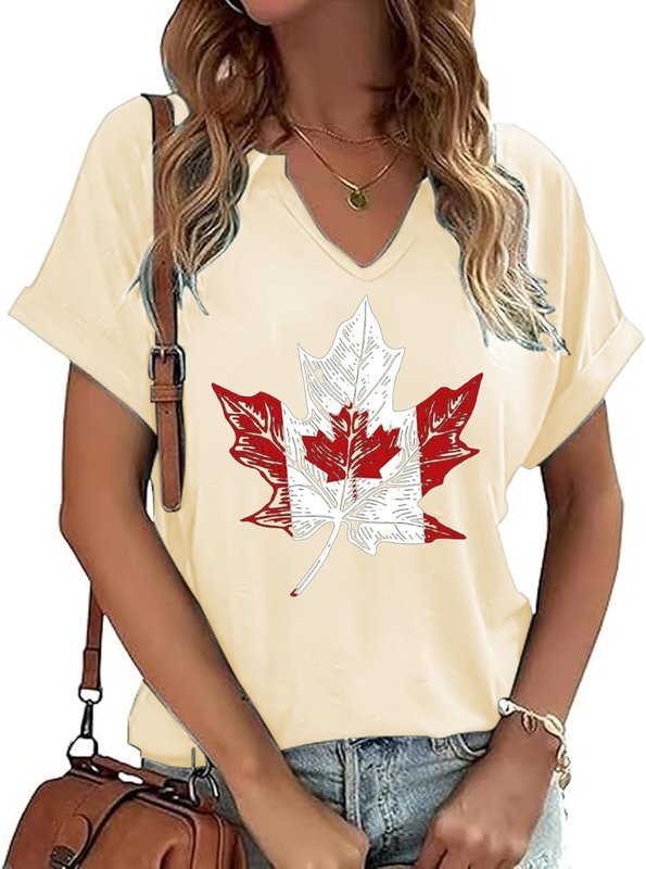 Fawniss Canada Day Shirt Women Canada Maple Leaf V-Neck T-Shirt 1st July Patriotic Tee Tops White Small