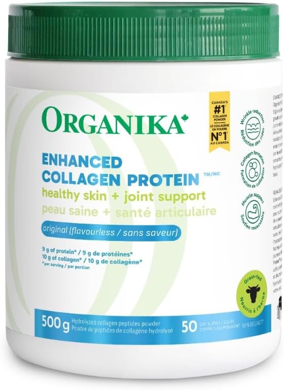 Organika Canadian-Made Enhanced Collagen Powder - for Healthy Hair, Skin, Nails, and Joints. Hydrolyzed Protein Peptides for Better Absorption- Grass-Fed, Non-GMO- Unflavoured- 500g Unflavored 500 g (Pack of 1)