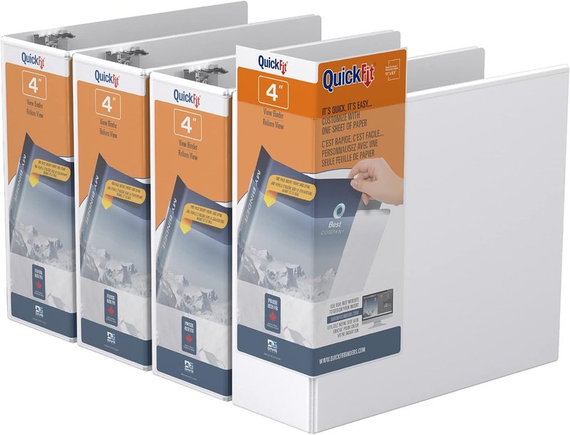 QuickFit View Binder, 3-Ring Binder for School or Office, D Ring, White, 4 Pack, 4 Inch 4 Inch 4 Pack White