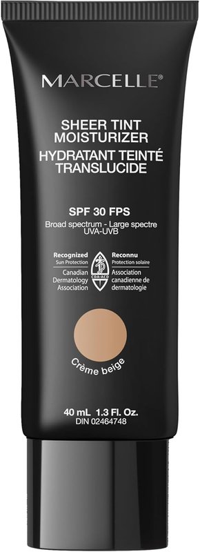 Marcelle Sheer Tint Moisturizer SPF 30, Crème Beige, with Hyaluronic Acid and Aloe, Hypoallergenic, Non-Comedogenic, Fragrance-Free, Paraben-Free, Oil-Free, 40 mL