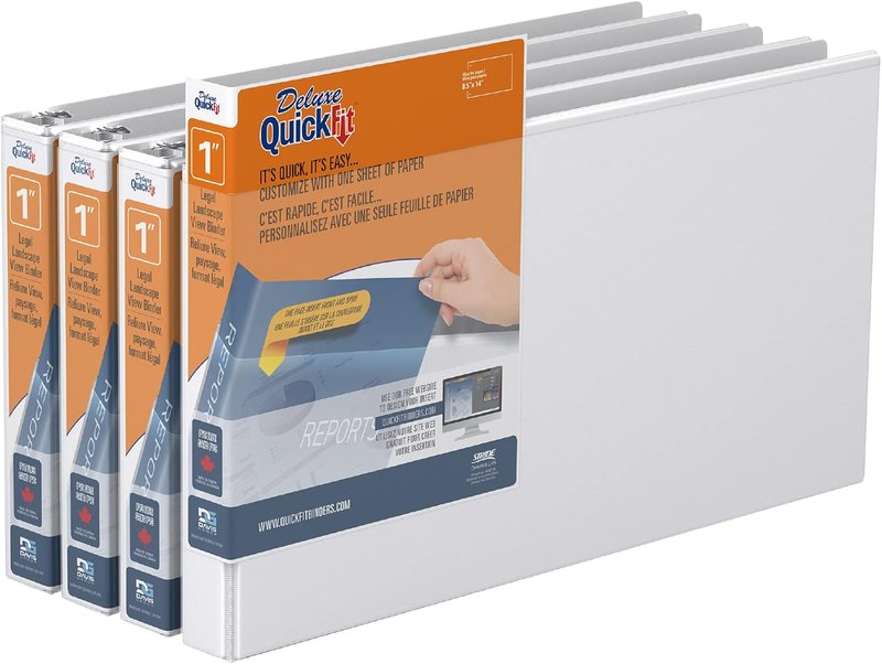 QuickFit Heavy-Duty Landscape Legal Binder, Round Ring, 8 1/2 Inches by 14 Inches, Round Ring, White, Pack of 4
