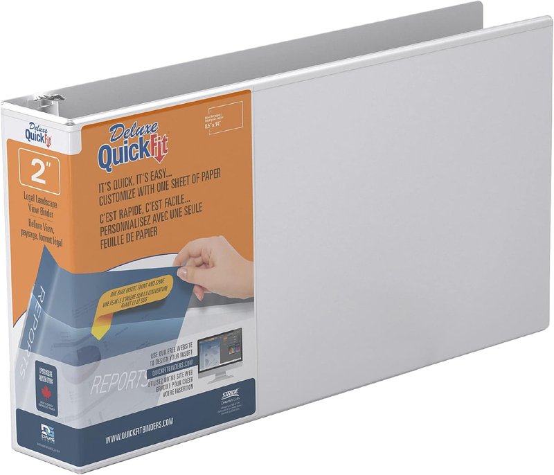 QuickFit Heavy-Duty Landscape Legal Binder, Round Ring, 8 1/2 Inches by 14 Inches, Round Ring, White Single Binder White 2 Inch/8.5 x 14 Inches