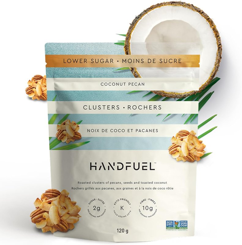 Handfuel Coconut Pecan Clusters, Hand Roasted Candied Pecans, 2g of Protein, Keto Friendly Snack, Proudly Canadian Made Plant Based Praline Pecans, Gluten Free - 120 Grams 120g Coconut Pecan Clusters