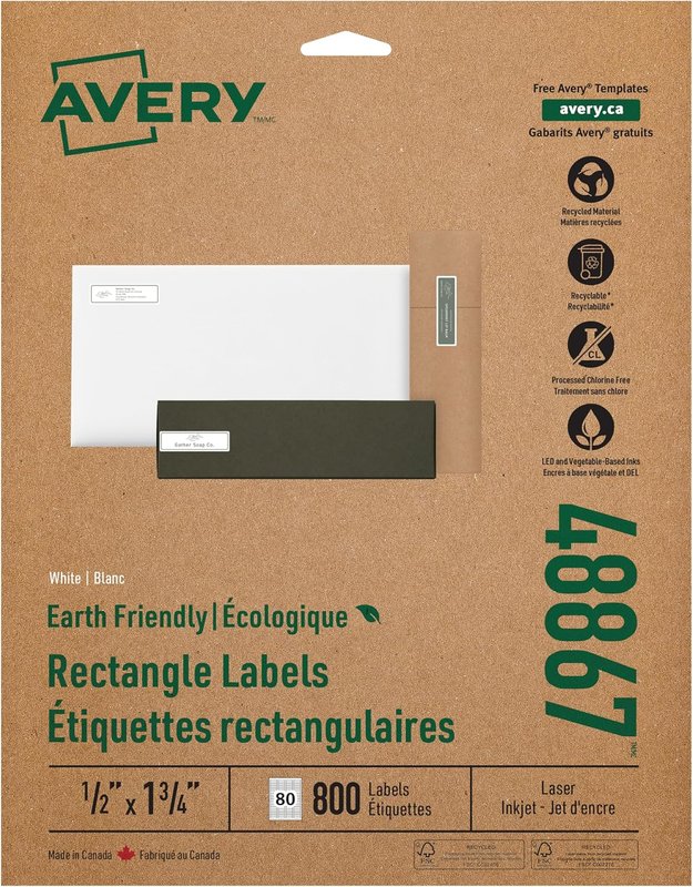 Avery White EcoFriendly Mailing Labels, 1/2" x 1-3/4", White, Rectangle, 800 Labels, Permanent (48867) Made in Canada