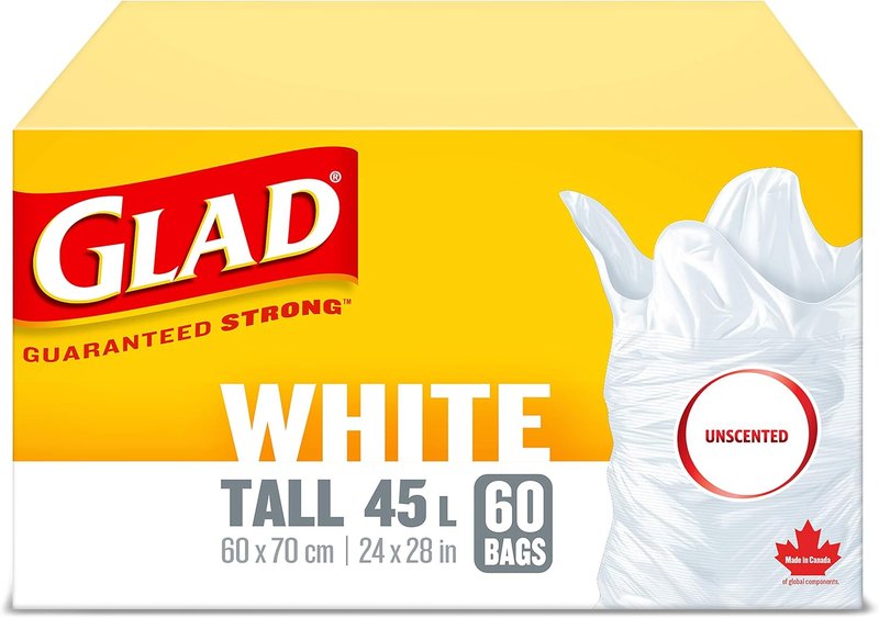 Glad White Garbage Bags - Tall 45 Litres - Unscented, 60 Trash Bags, Made in Canada of Global Components Tall. 60 bags