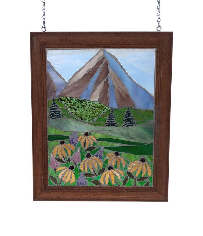Summer Mountain Landscape with Wildflowers Stained Glass Mosaic Panel
