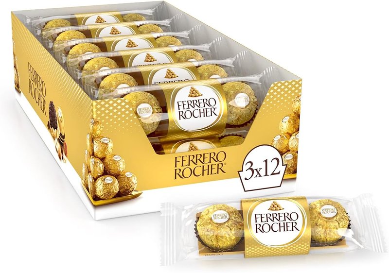 FERRERO ROCHER Fine Hazelnut Milk Chocolate, 3 Individually Wrapped Chocolates, 12 packs, 450g 1 Count (Pack of 12) Ferrero Rocher