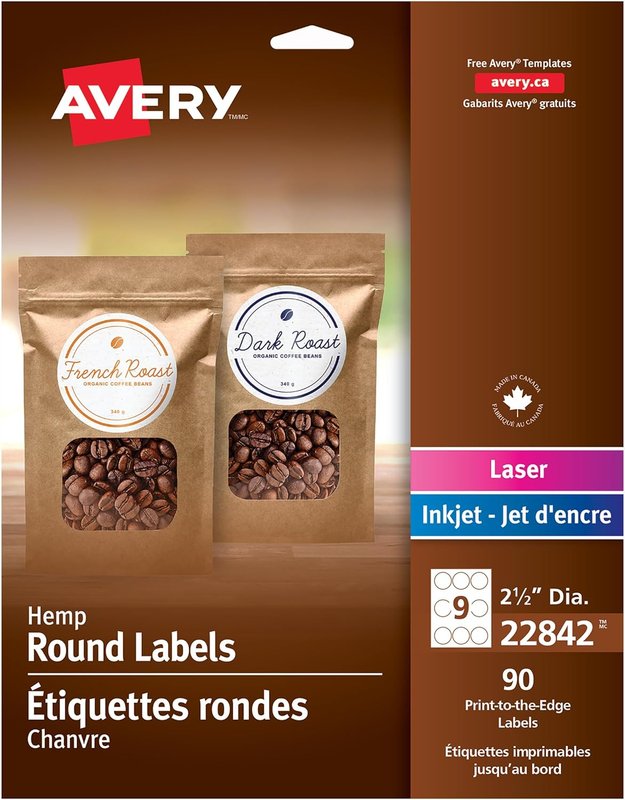 Avery Hemp Round Labels, 2.5" Label, for Inkjet/Laser Printer, 90 Print to Edge Permanent Label, Apply on Organic/Natural Goods, Health/Beauty, Candles, (22842) Made in Canada 2.5" Round Shape