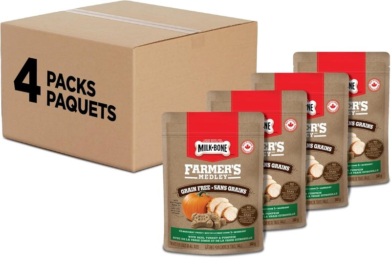 Milk-Bone Farmer's Medley Grain Free Dog Treats, Crunchy Oven Baked Biscuits with Real Turkey & Pumpkin, 340 g (Pack of 4) Turkey 340 g (Pack of 4)
