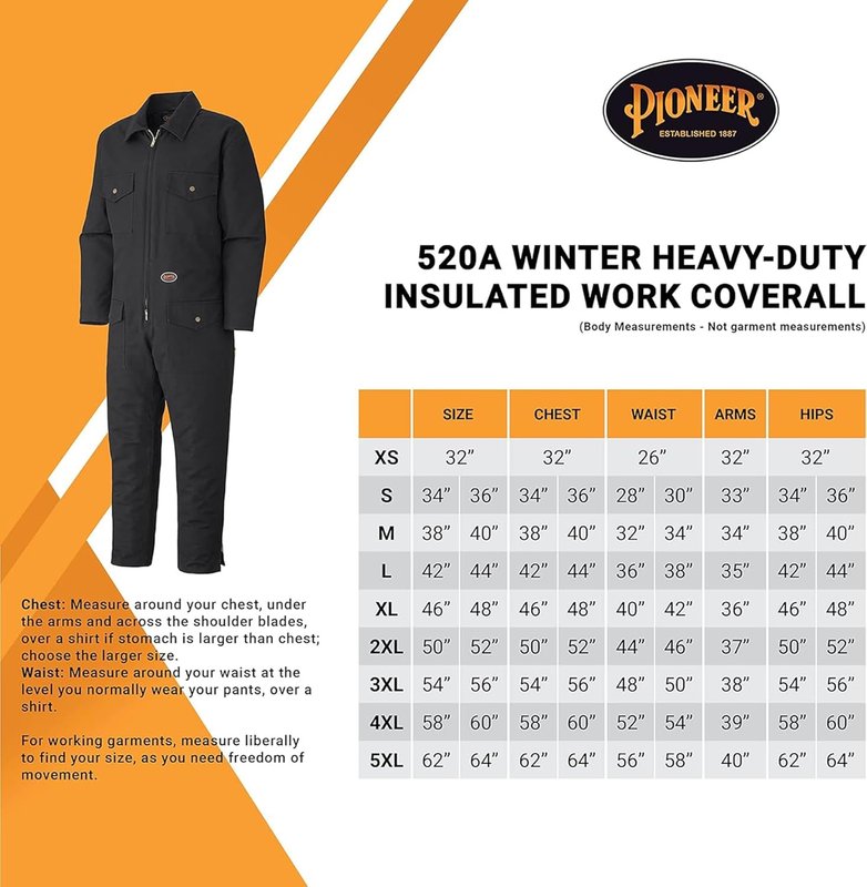 Pioneer Heavy Duty Insulated Work Safety Coverall for Winter - Quilted Insulated Cotton - 6 Pockets - Black Black Small