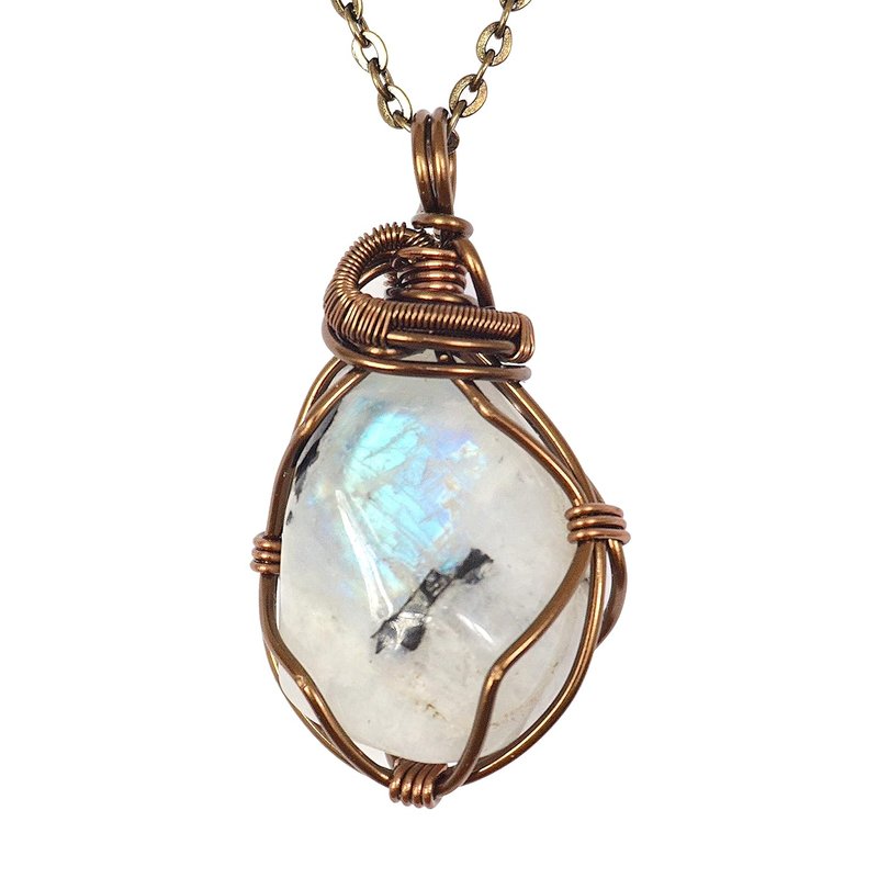 Designs by Nature Gems Rainbow Moonstone Necklace, June Birthstone Jewelry, With 24 Inch Antique Bronze Chain, Genuine Raw Crystal, Handmade in Canada antique bronze-copper