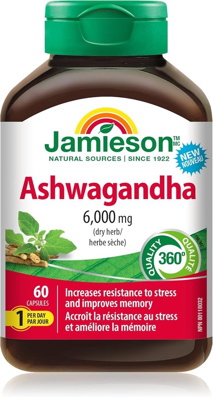 Jamieson High-Potency Ashwagandha 6,000 mg, Increases Resistance to Stress, Adaptogen, and Enhances Memory. Non-GMO, Vegetarian, Gluten-Free, Only One Per Day, 60 Capsules 60 count (Pack of 1)