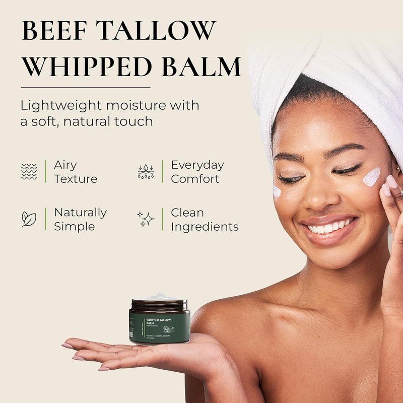Whipped Beef Tallow Moisturizer - 100% Grass-Fed Tallow Face Balm with Honey, Jojoba Oil, Olive Oil & Sweet Almond Oil - Unscented - 120ml/4oz