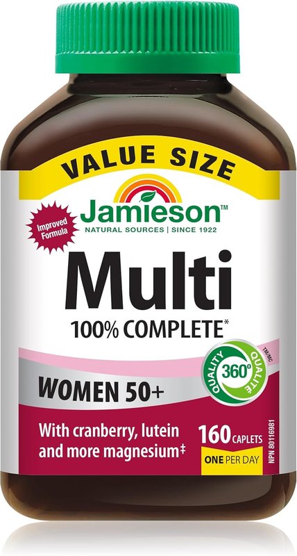 Jamieson 100% Complete Multivitamin For Women 50+, with Cranberry, Lutein, and More Magnesium. Supports Immunity, Energy, Overall Health, Eye Support, and Bone Health, Gluten-Free, One Per Day, 160 Caplets 160 count (Pack of 1)