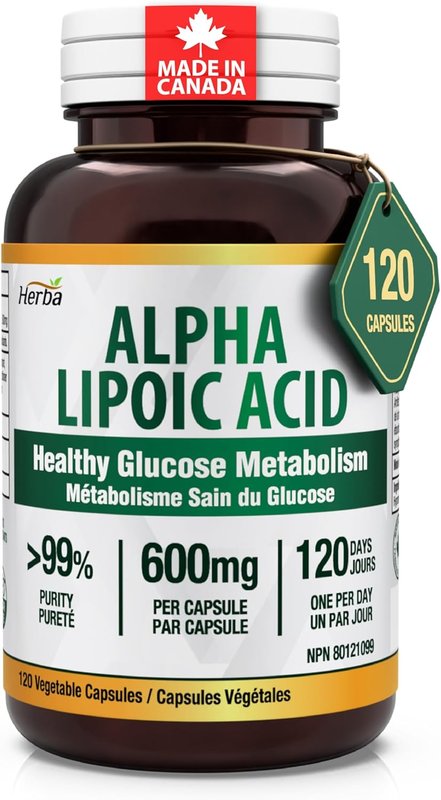 Herba Alpha Lipoic Acid 600mg – 120 Capsules | >99% Ultra Pure | Made in Canada | Blood Sugar Support Supplement