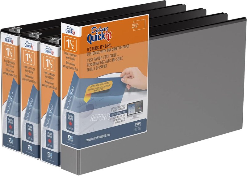QuickFit Heavy-Duty Landscape Legal Binder, Round Ring, 8 1/2 Inches by 14 Inches, Round Ring, Black, Pack of 4
