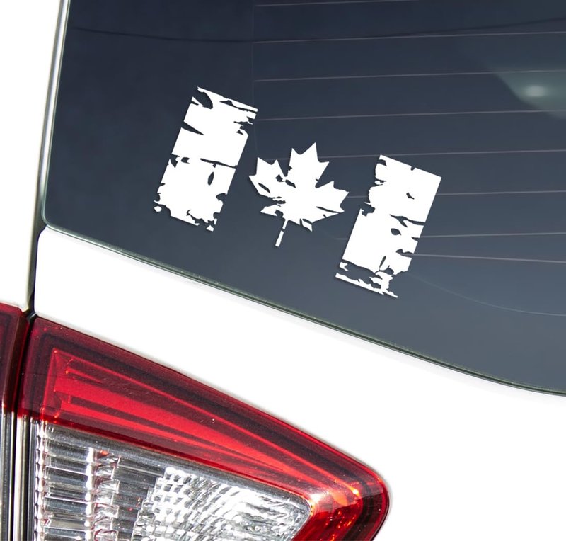 Canadian Flag Vinyl Decals - Distressed Look - ( Set of 2 | Size : 5 x 2.5 inches ) Waterproof vinyl ( Black - Red - White ) Bicycle, Bike, Car window - Boat - Car - Tailgate bumber sticker - stencil Canada Maple leaf (White)